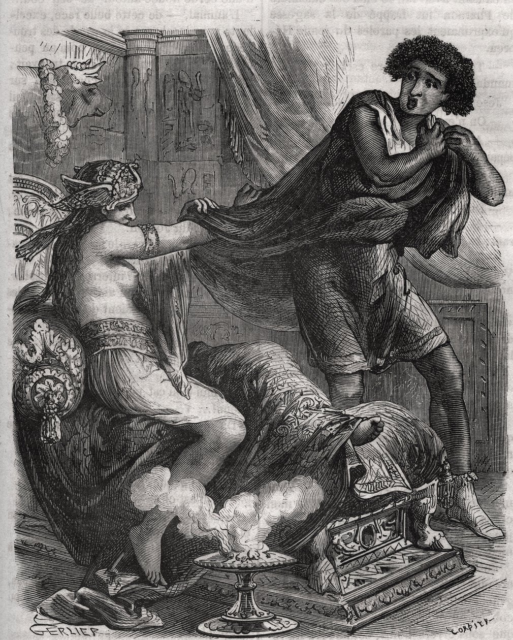Scène de la Bible : « Elle saisit le jeune homme trop vertueux par sa tunique ». La femme de Putiphar tente de séduire Joseph, esclave du pharaon. Gravure de 1871 dans « Histoire Des Cocus Célèbres » par Henry de Kock (1819-1892). - French School