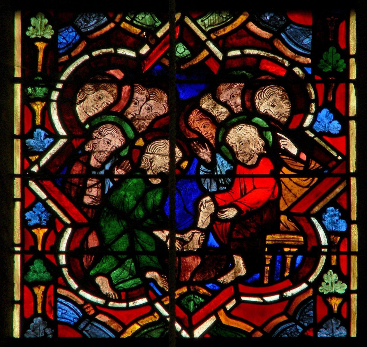 Scène dans la fenêtre E représentant le Christ lavant les pieds de ses disciples - French School