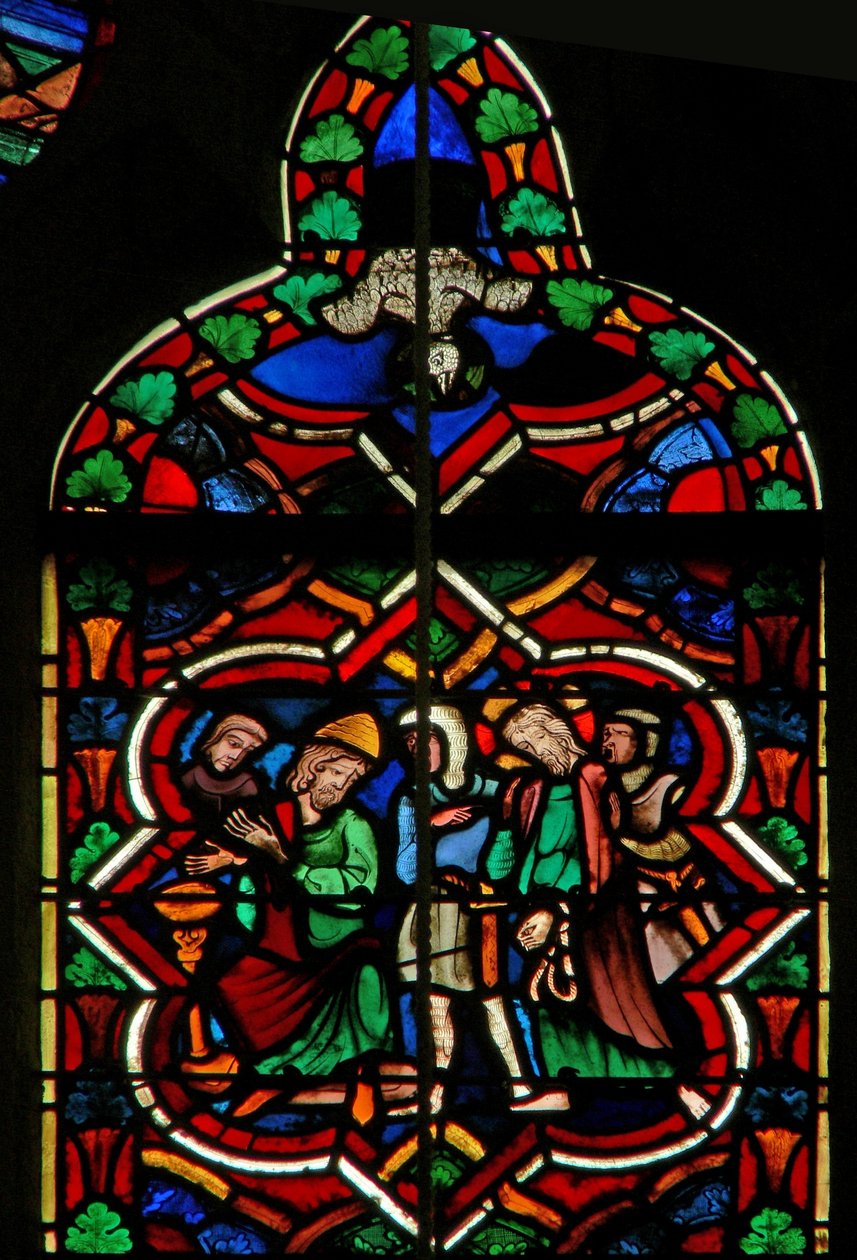 Scène dans la fenêtre E représentant Pilate se lavant les mains; la Colombe du Saint-Esprit - French School