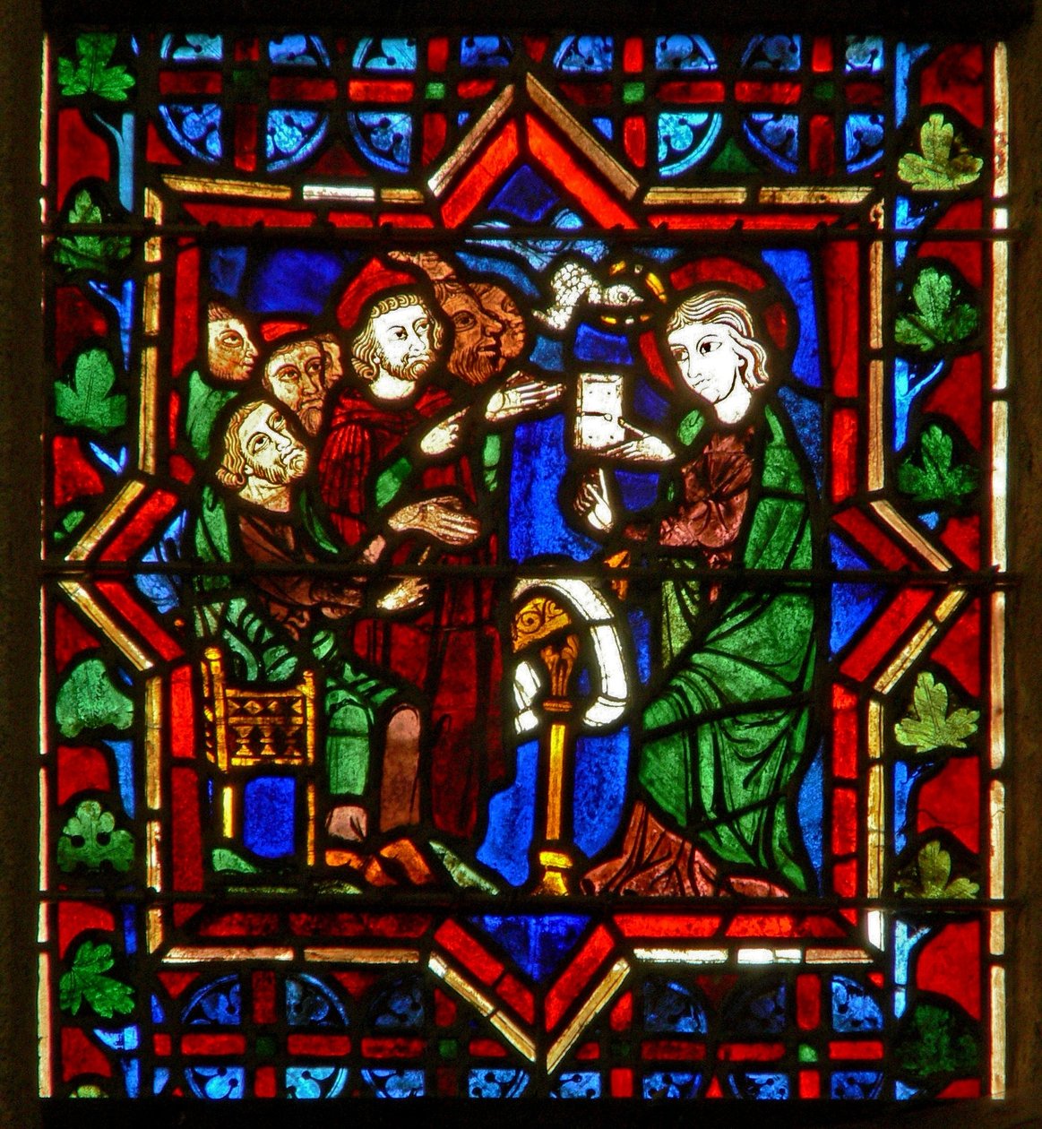 Scène dans la fenêtre E représentant une scène de la vie de Sainte Catherine : avec les philosophes - French School