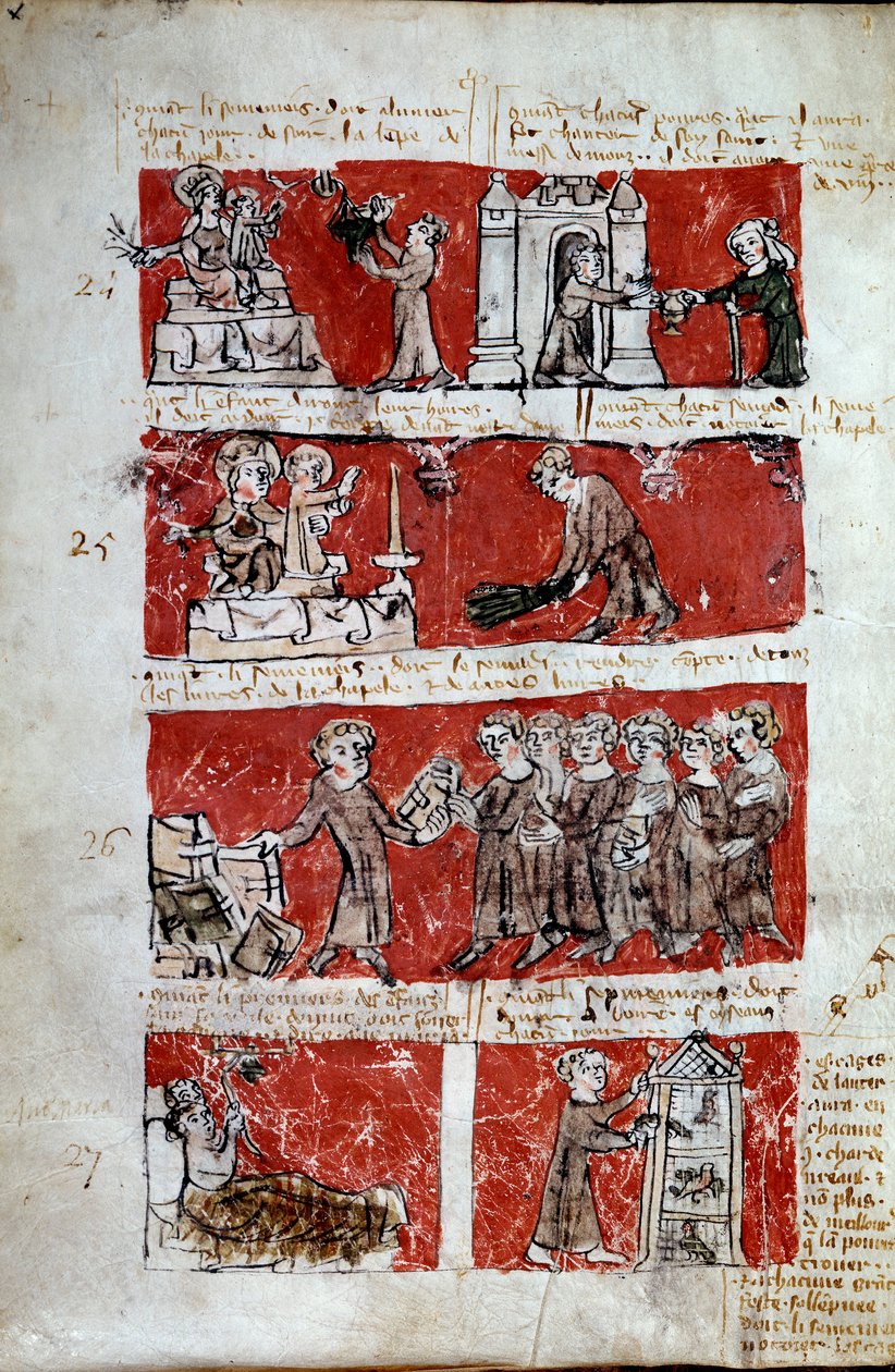 Scène de la vie étudiante au Collège de Hubant ou Ave Maria à Paris. Scènes de la vie étudiante (œuvres de charité, distribution de livres, entretien de la basse-cour) et règlements du collège. Bandes 24 à 27. Page manuscrite « Livre des statuts du Collège - French School