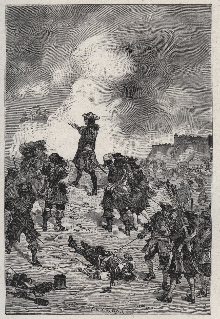 Sébastien le Prestre seigneur de Vauban (1633-1717), maréchal de France défend Brest contre une attaque de la flotte anglaise en 1695 - gravure dans « Les Hommes Célèbres de la France » par Louis Dumas 1889 - French School