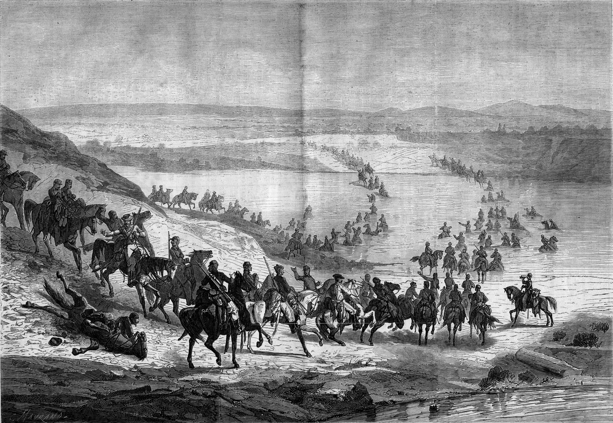 Guerre de Sécession (1861-1865) ou Guerre civile américaine : traversée du Potomac par la cavalerie sudiste du général Stuart. Gravure dans « Le Monde Illustré » n°293 du 22 novembre - French School