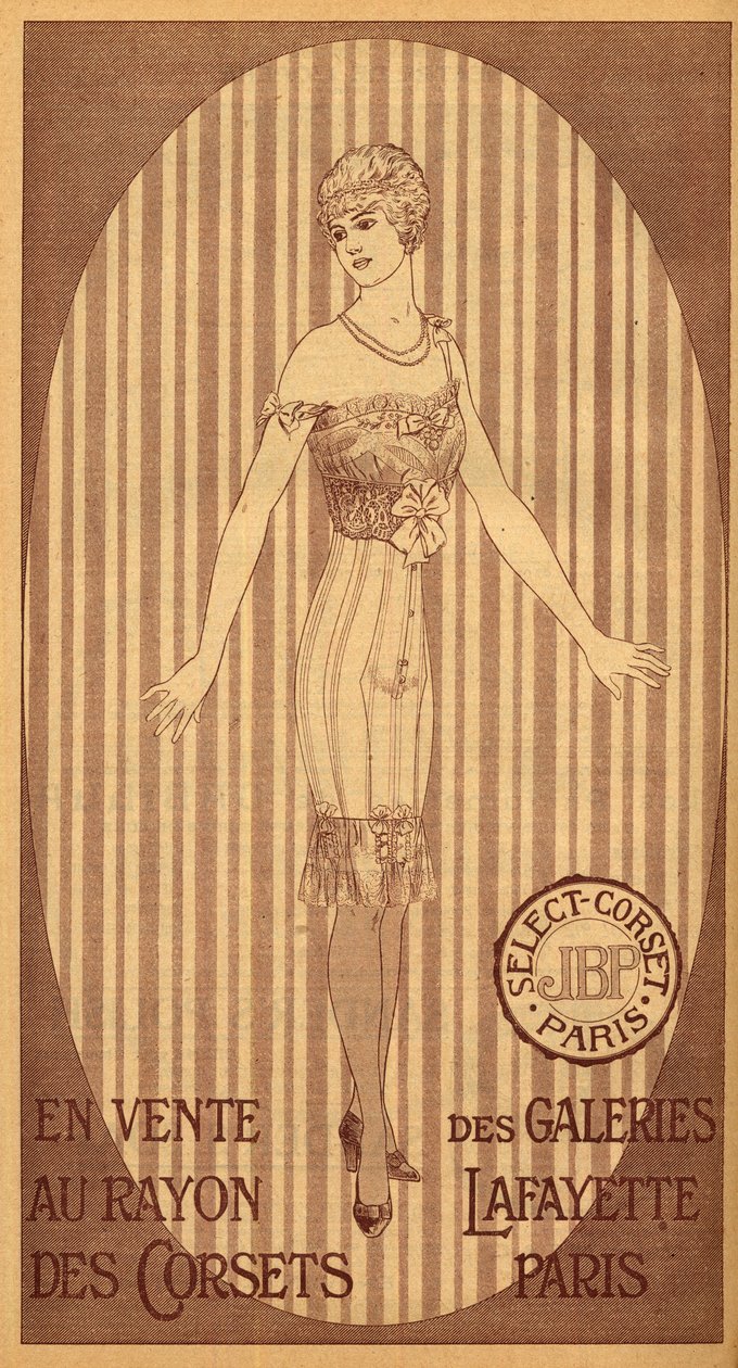 Sélection de corsets JPB en vente au rayon corsets des Galeries Lafayette à Paris - 1914 - French School