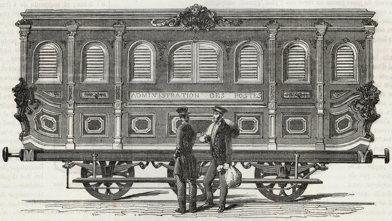 Service des Postes - vue extérieure du bureau ambulant - Gravure dans « Tableau de Paris » par Edmond Texier 1852 - French School