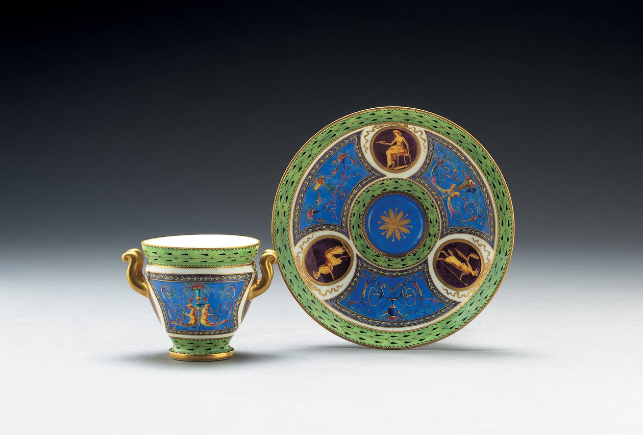 Tasse et soucoupe à deux anses, bleu céleste et vert pâle de Sèvres, 1790 - French School