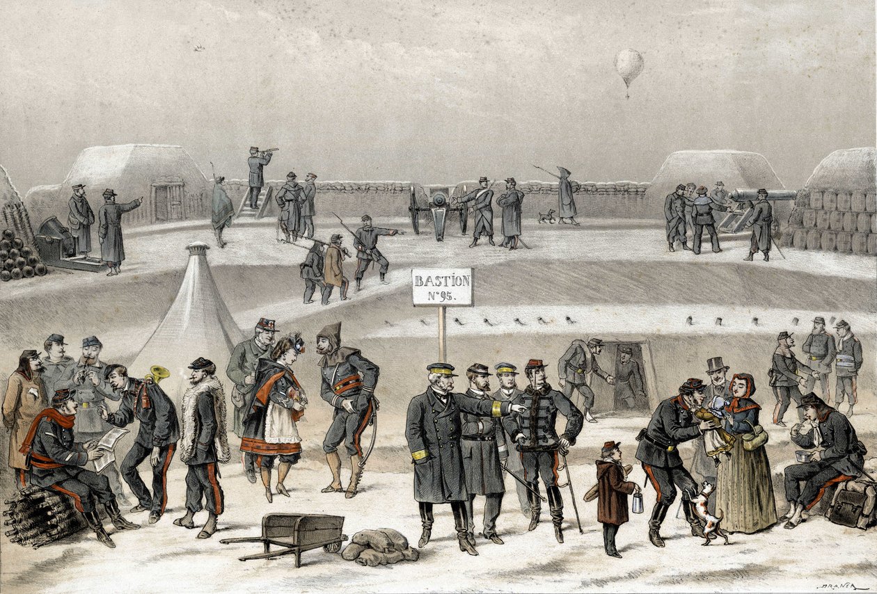 Siège de Paris en 1870 pendant la guerre de 1870-1871. Les soldats préparent la défense de la ville : on peut voir un soldat dans le bunker - French School