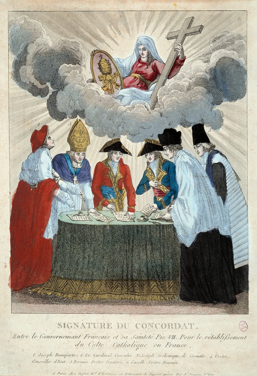 Signature du Concordat de 1801 le 15/07/1801 : il est signé entre le gouvernement français (ici représenté par Joseph Bonaparte) et le Saint-Siège (représenté par le cardinal Consalvi pour le pape Pie VII). 1801 Paris, Musée Carnavalet - French School