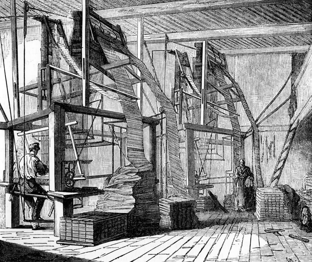 Ouvriers de la soie dans un atelier à Lyon utilisant un métier Jacquard, vers 1880 - French School