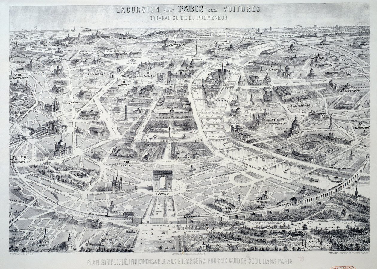 Plan simplifié de Paris indispensable aux étrangers pour se guider seuls dans la ville. Planche tirée de "Nouveau guide du promeneur, excursion de Paris sans voiture" 20e siècle Paris, Musée Carnavalet - French School