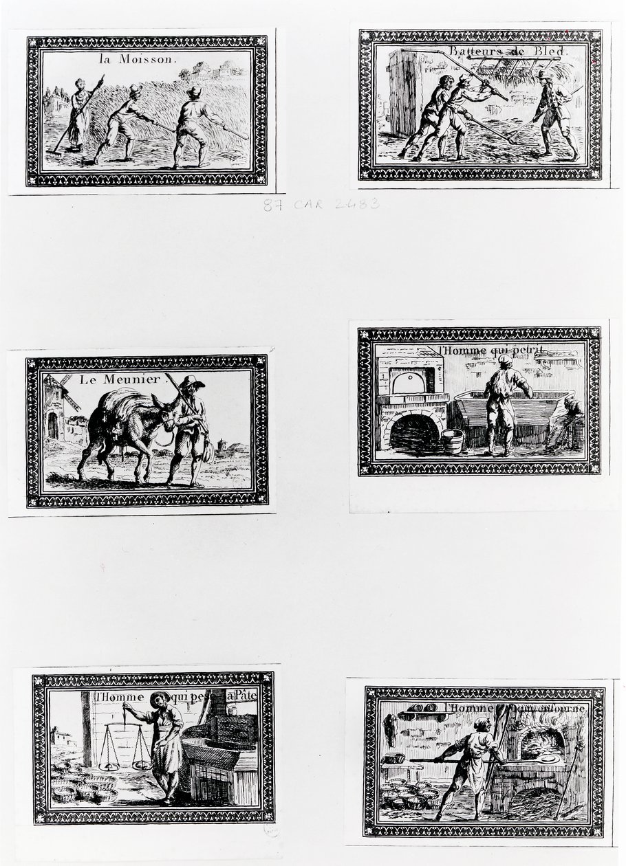Six vignettes représentant la fabrication du pain - French School