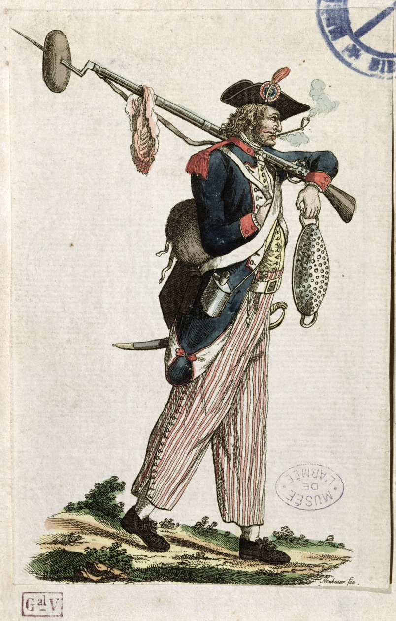 Soldat de la Révolution française portant une baïonnette à laquelle est attachée une miche de pain et un morceau de viande : L