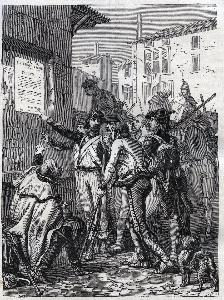 Soldats, vos besoins sont grands : soldats français lisant la proclamation du général Bonaparte en novembre 1799 - Gravure de 1865 dans « Histoire du Consulat et de l