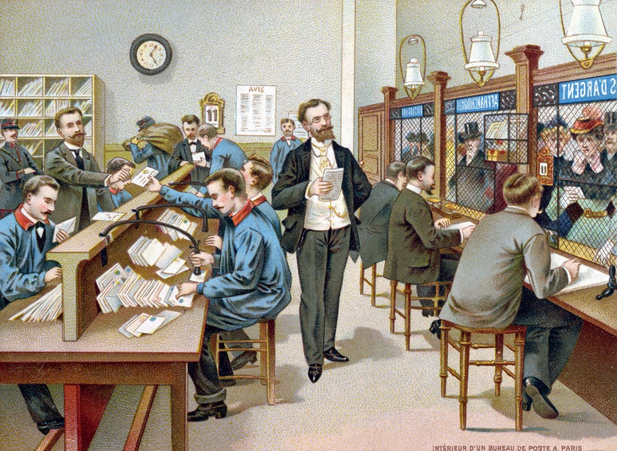 Tri du courrier dans un bureau de poste parisien, illustration d