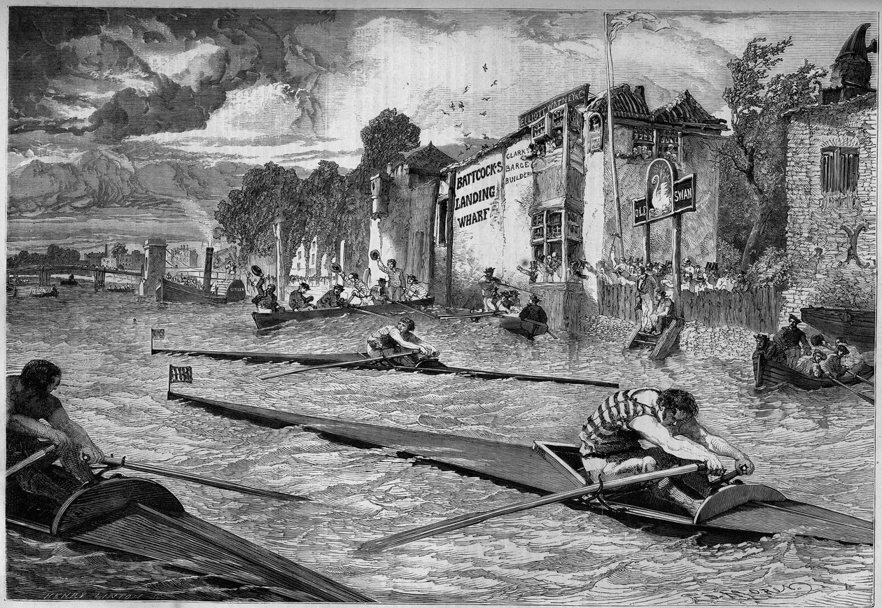 Compétition sportive : course de canoë (outrigger) sur la Tamise. Angleterre. - French School