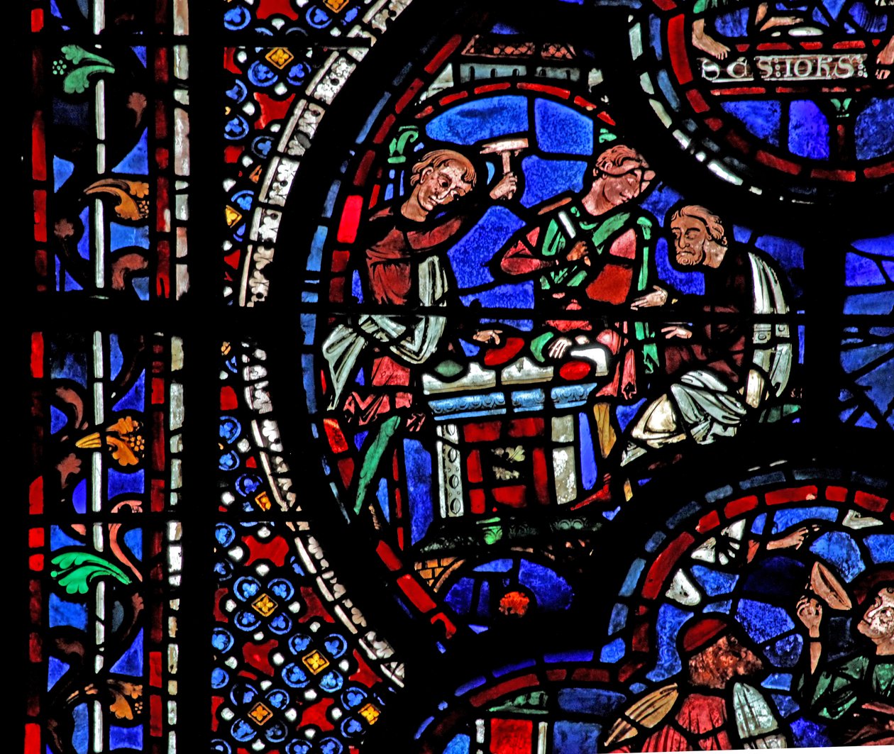 Fenêtre de Saint Jean : deux hommes brisent des gemmes - French School