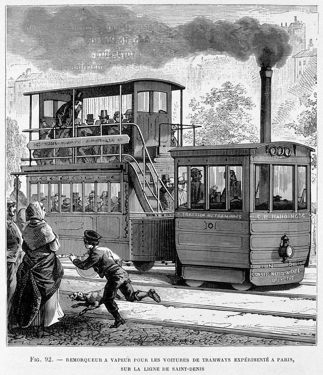 Remorqueur à vapeur pour voitures de tramway expérimentées à Paris, sur la ligne de Saint-Denis - dans "Les nouvelles conquêtes de la science" de Louis Figuier - French School