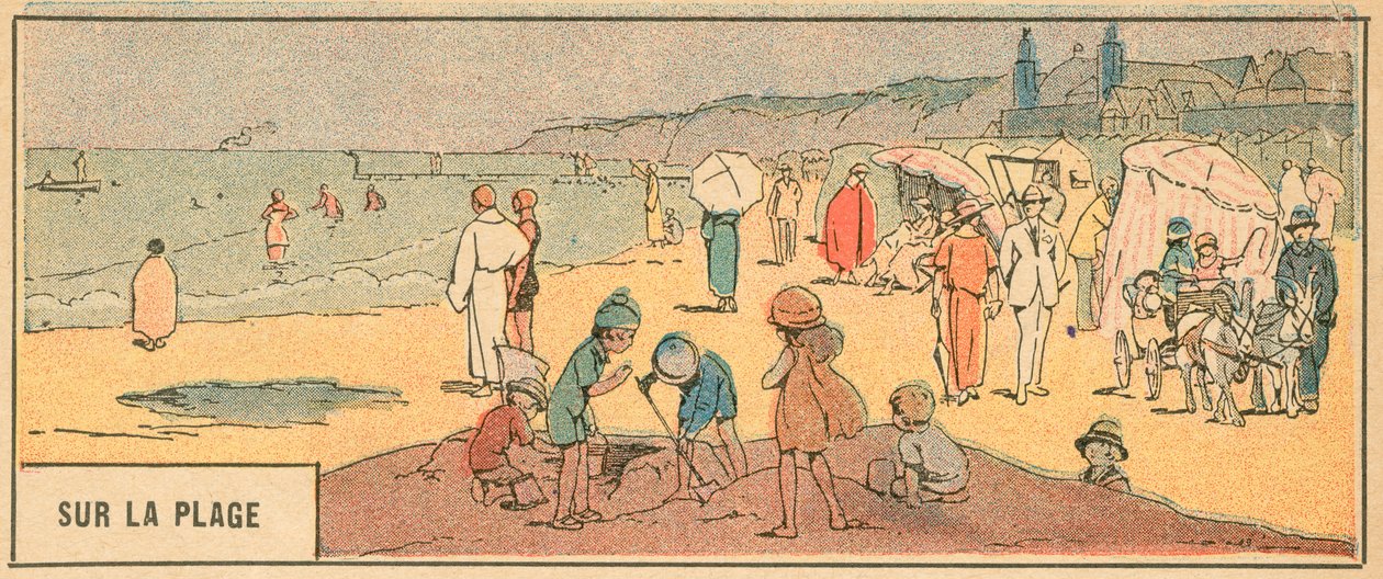 Sur La Plage (colour litho) - French School