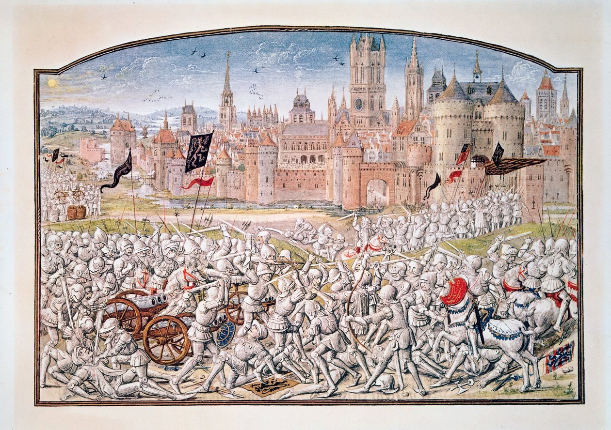 T.2 fol.287 Victoire des habitants de Gand dirigés par Philipp van Artevelde devant Bruges en 1381, de la Chronique de Froissart, 1472 - French School