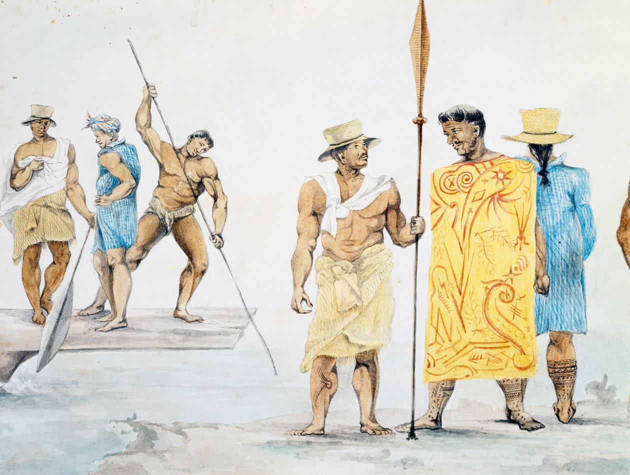 Chefs tahitiens embarquant sur la Coquille, dessin de Jules-Louis Lejeune, basé sur Voyage autour du monde - French School