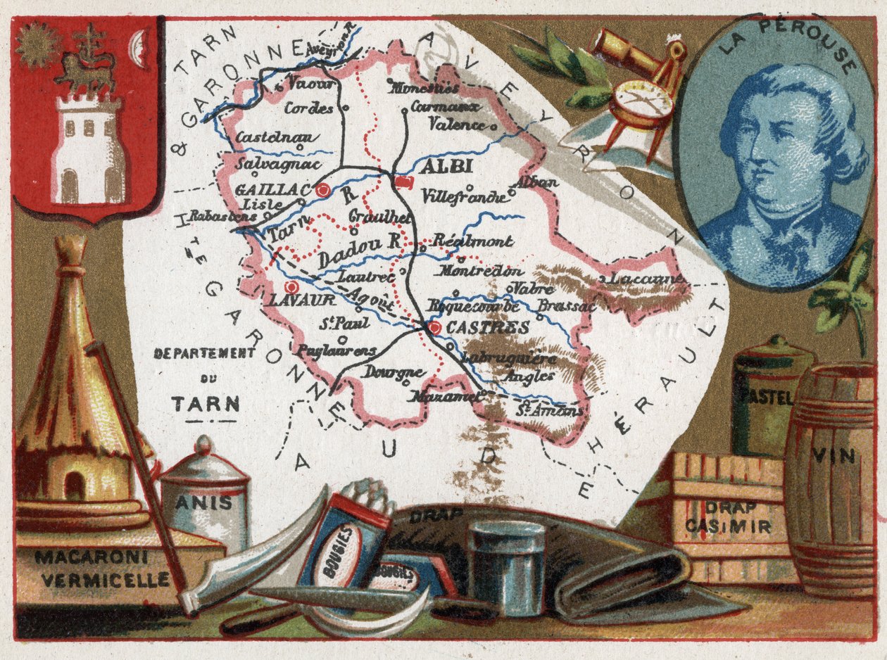 Tarn (81), Midi-Pyrénées, France. Portrait de Jean François de Galaup, comte de La Pérouse (1741-?), officier de marine. Série sur les départements français. Chromolithographie - French School