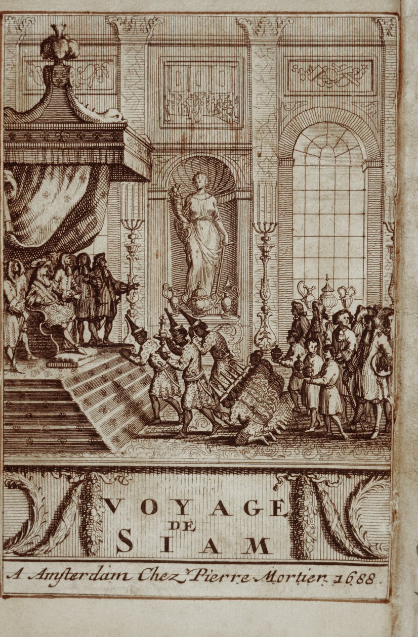 Ambassadeurs thaïlandais reçus à Paris par Louis XIV, frontispice du Voyage au Siam par Guy Tachard, 1688 - French School