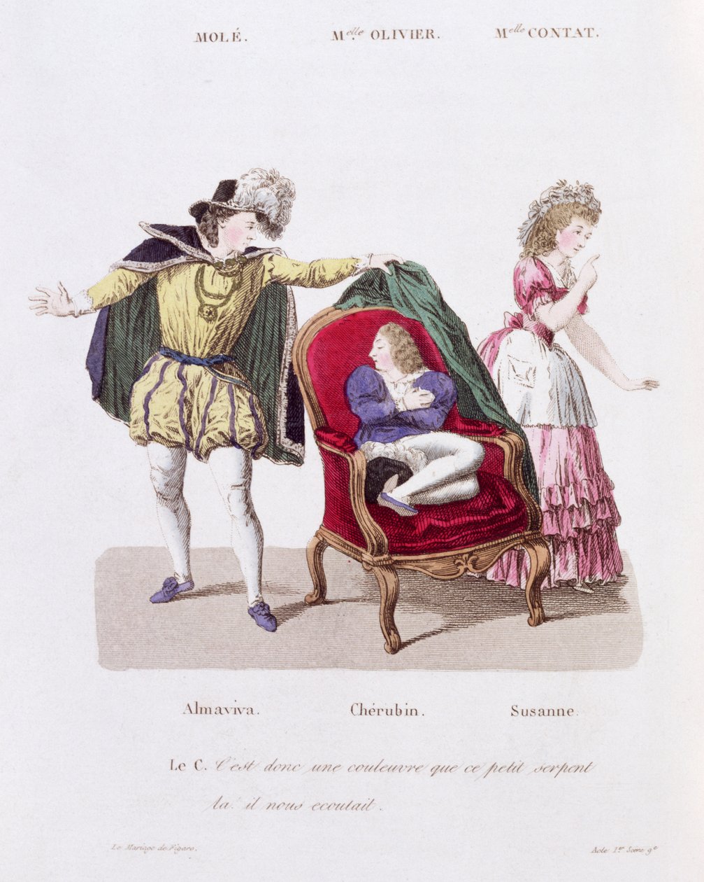 Le Comte découvre Chérubin, Acte I Scène 9 de Le Mariage de Figaro par Pierre Augustin Caron de Beaumarchais (1732-99) - French School
