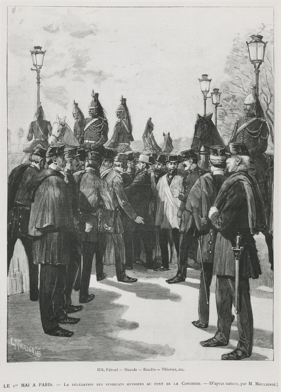 La délégation des syndicats au Pont de la Concorde lors de la manifestation du 1er mai à Paris, 1er mai 1890, gravé par L. Moulignie - French School