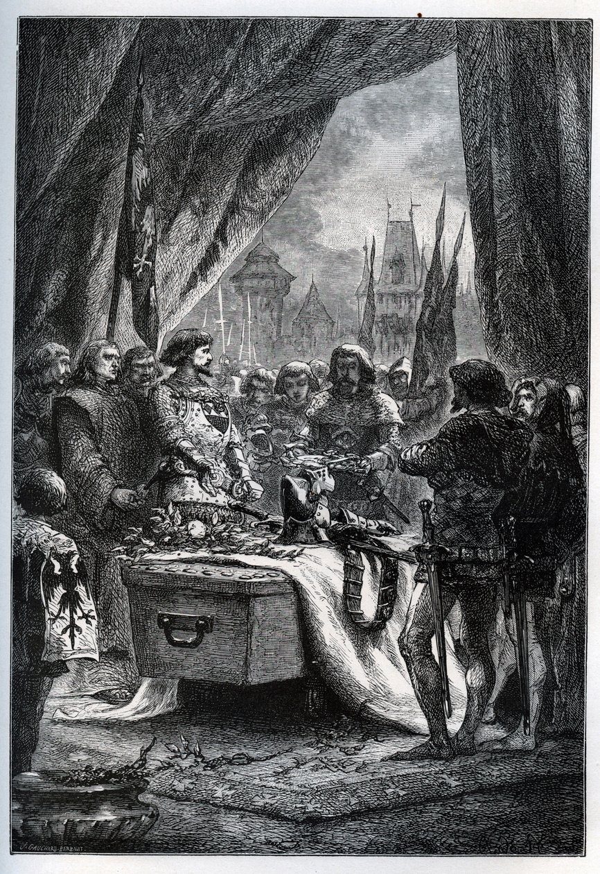 Le gouverneur anglais de Châteauneuf-de-Randon (Châteauneuf-de-Randon, Auvergne) se rend et vient déposer les clés de la place sur le cercueil de Bertrand du Guesclin (1320-1380), le 13 juillet 1380 devant lequel la ville était assiégée. - French School
