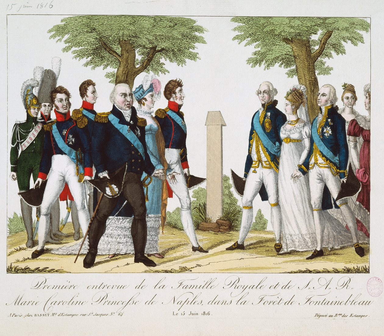 La première rencontre entre Louis XVIII (1755-1824) et Marie-Caroline-Ferdinande (1798-1870) de Bourbon, à la Croix de St. Herem dans la forêt de Fontainebleau, 15 juin 1816, 1816-30 - French School