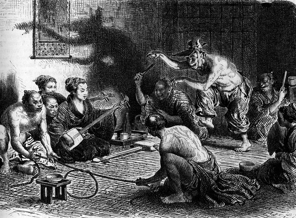 Les jeux du renard au Japon. Gravure dans « Le Journal de la jeunesse » - French School