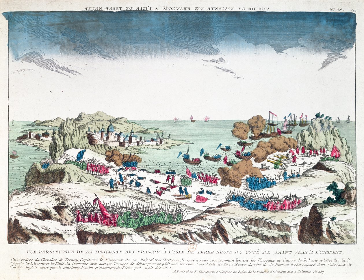 Le raid français sur St. John à Terre-Neuve le 2 juin 1762 sous le commandement du Chevalier du Ternay, fin XVIIIe siècle - French School