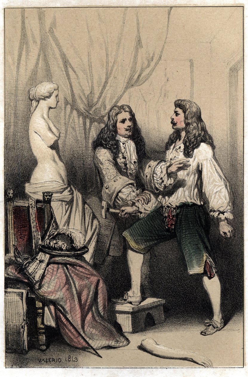 Le sculpteur français Pierre Puget (1620-1694) appréhendé de casser sa Vénus suite à la proposition médiocre de son commanditaire. Planche tirée de « Scènes de la vie d