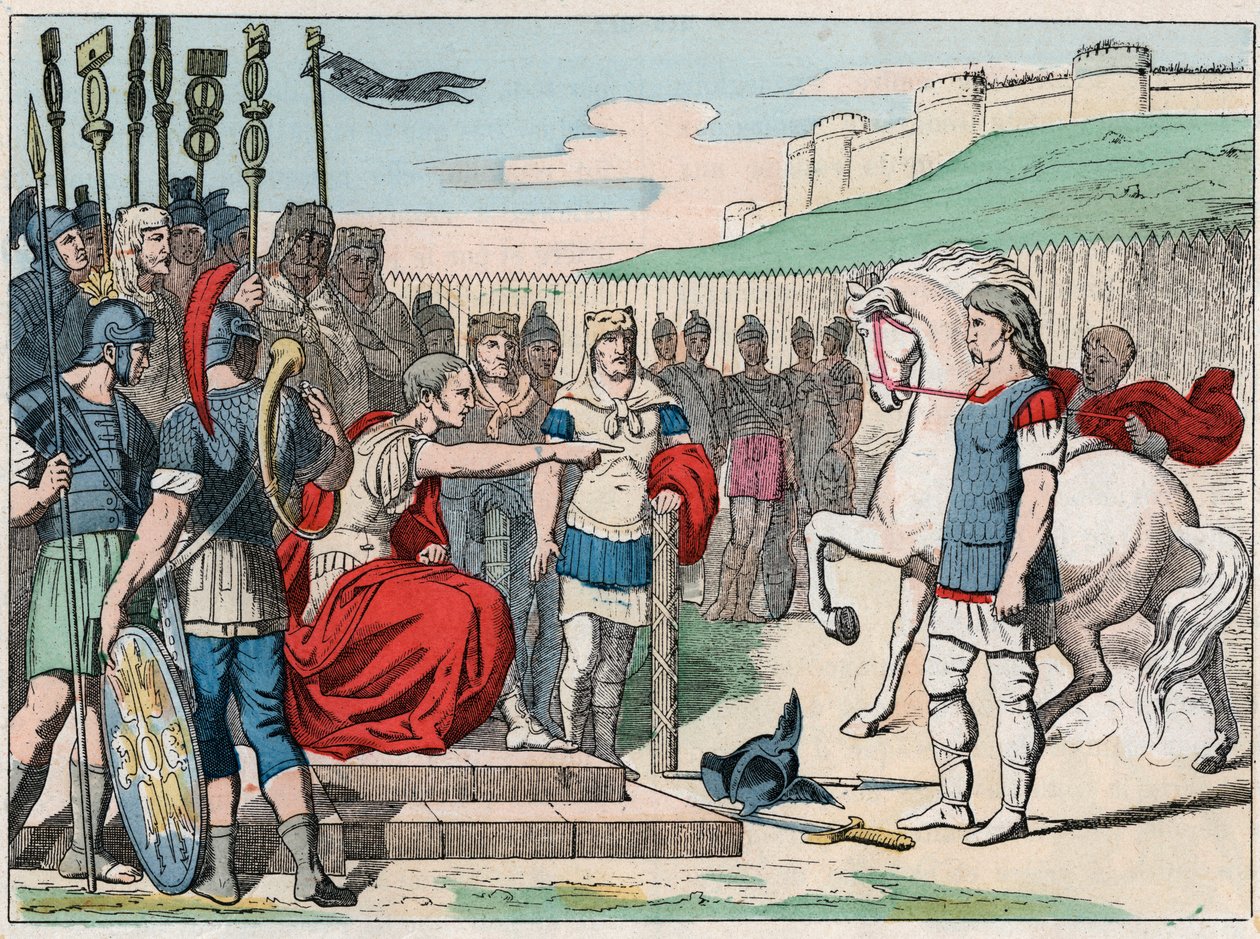 Le chef gaulois Vercingétorix (80-46 av. J.-C.) se rend à Jules César (100-44 av. J.-C.) à Alésia en 52 av. J.-C. - Vercingétorix (72-46 av. J.-C.) chef gaulois, se rendant à César à Alésia (France) - Gravure de la fin du XIXe siècle dans « Nos Gloires Nat - French School