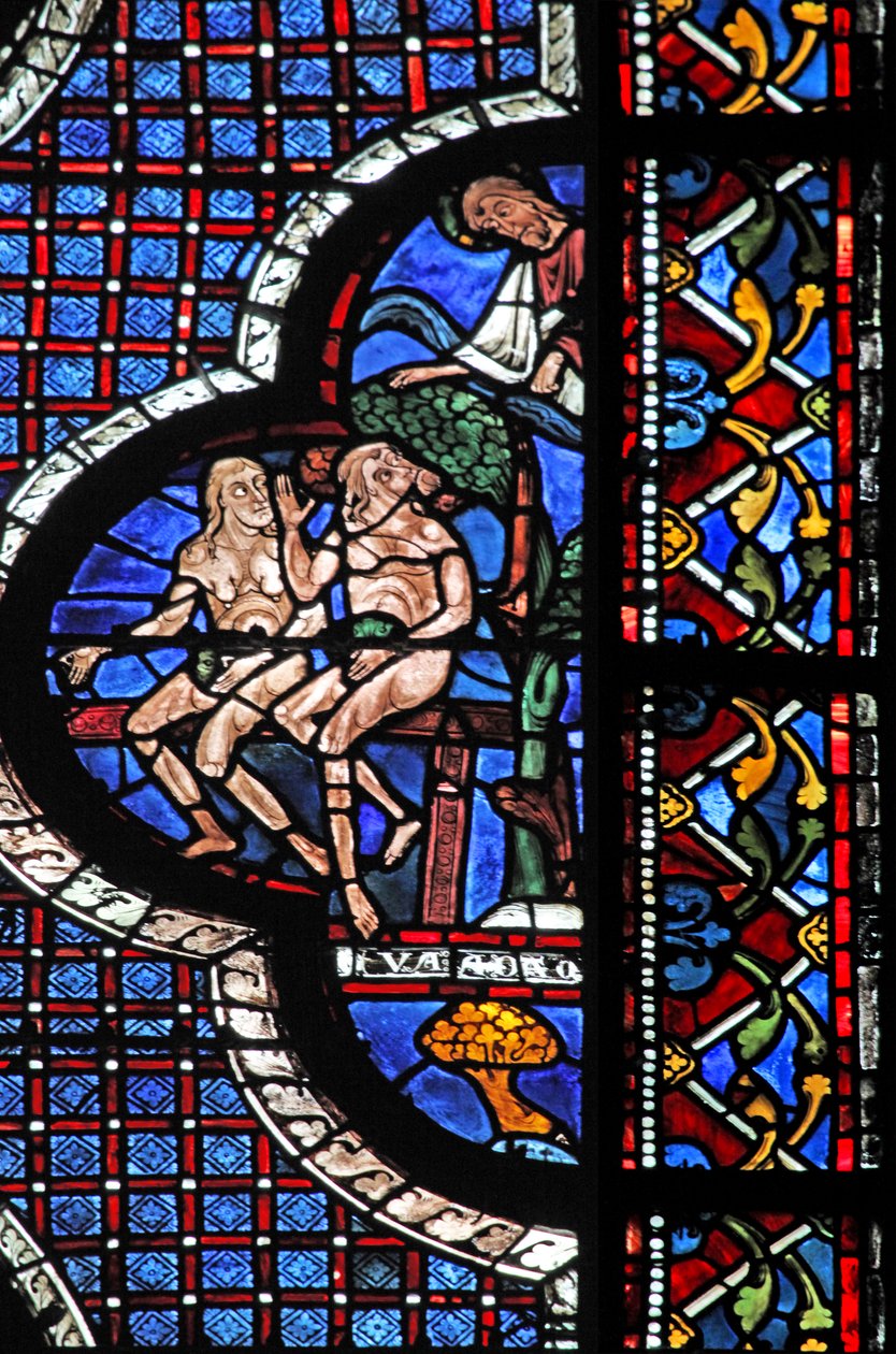 La fenêtre du Bon Samaritain : Dieu appelle Adam et Ève (avec des feuilles de figuier) - French School