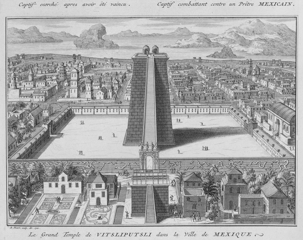 Le Grand Temple de Vitsliputsli à Mexico, illustration tirée de Cérémonies et coutumes religieuses, gravée par Bernard Picart, 1722 - French School
