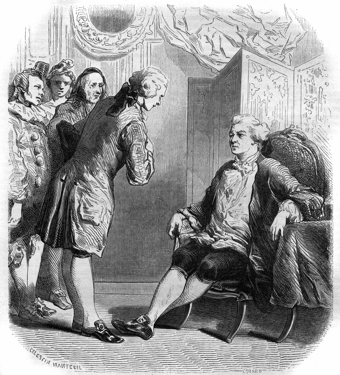 Le marquis de Puysieulx recevant Philippe Néricault Destouches (1680-1754) et sa troupe de comédiens itinérants. Gravure de 1858-1859. - French School