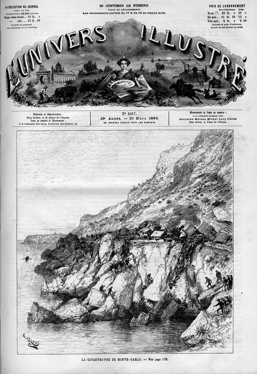 La catastrophe de Monte Carlo : accident de train sur la ligne de chemin de fer longeant la côte. Un journal. Gravure dans "Le Monde Illustré" - French School