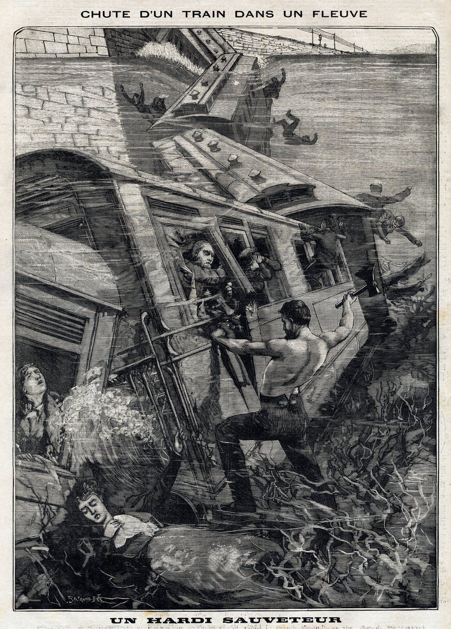 Le train de Buffalo à New York tombe dans une rivière aux États-Unis : un homme tente de sauver des passagers en danger de noyade. Dans "Le Petit Parisien" du 7/11/1897. Collection privée - French School