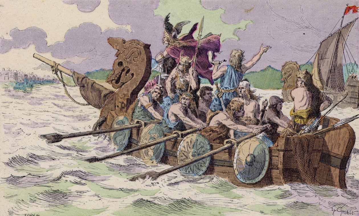 Les Normands arrivant à Paris, 885 (lithographie couleur) - French School