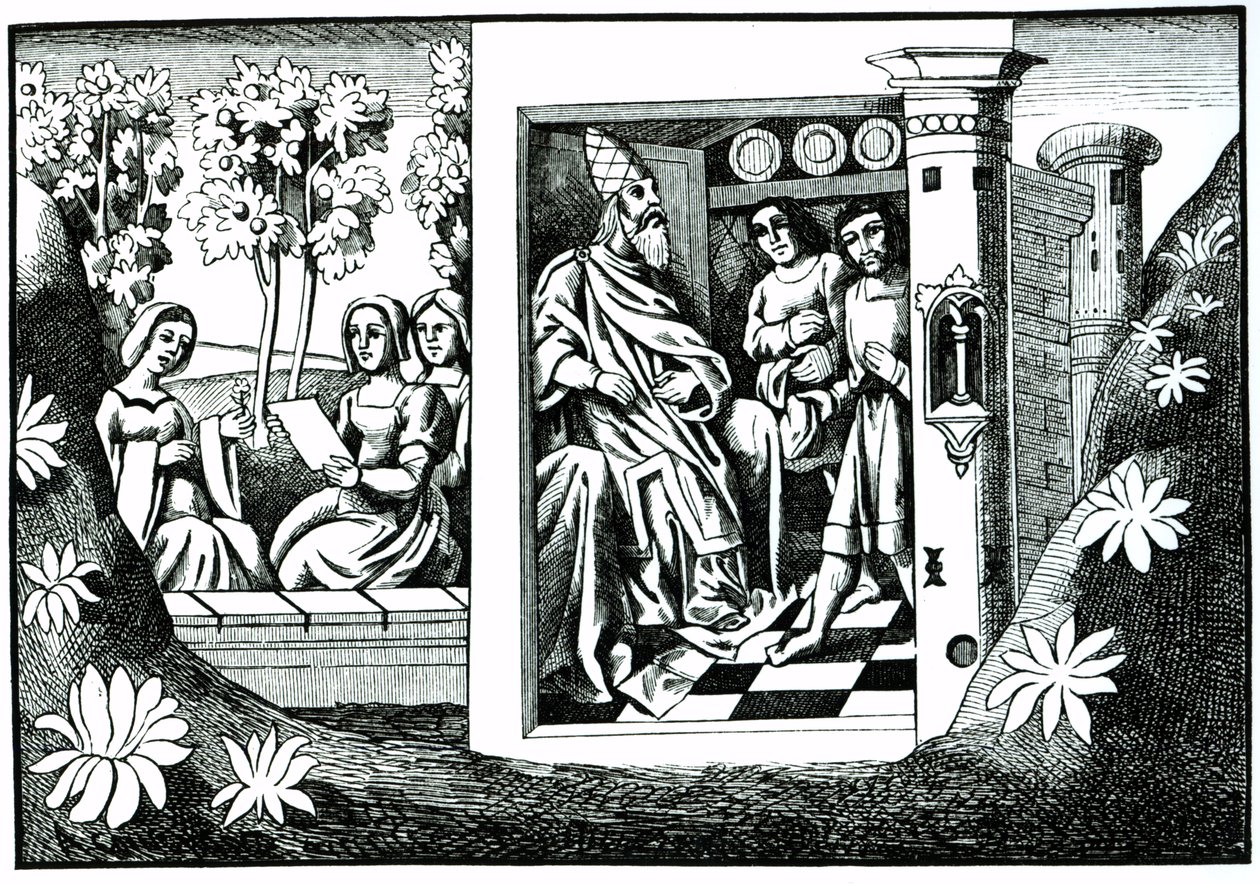 Le Vieil Homme de la Montagne donnant des ordres à ses disciples, des Voyages de Marco Polo, copié par Albert Coinchon du manuscrit original - French School