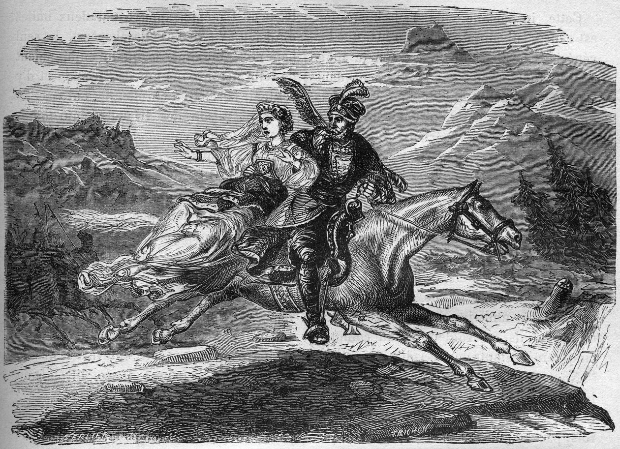 La légende polonaise de la princesse Heligonde et du comte de Tyniec Walgerz. Les deux amoureux fuient en Pologne. Gravure dans « L