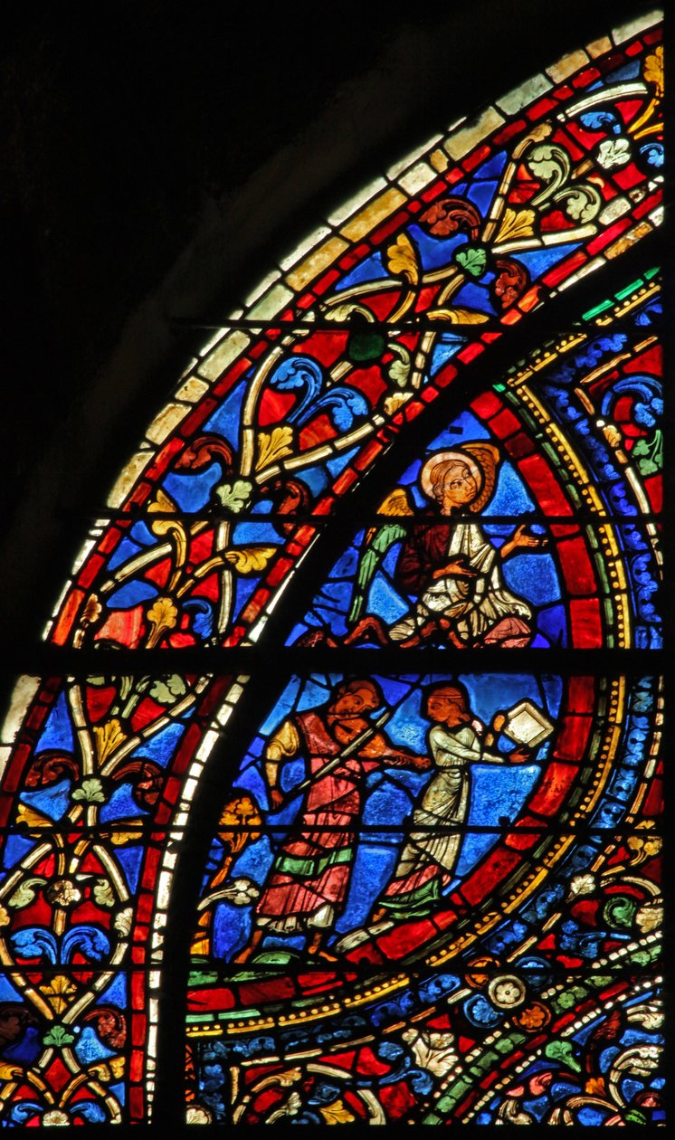 Fenêtre du Fils Prodigue : musiciens à la fête ; ange - French School