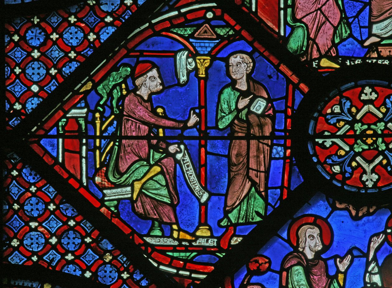 La fenêtre de Saint Jacques : le magicien Almoniges (Hermoniges) envoie son disciple Filetus à Saint Jacques - French School