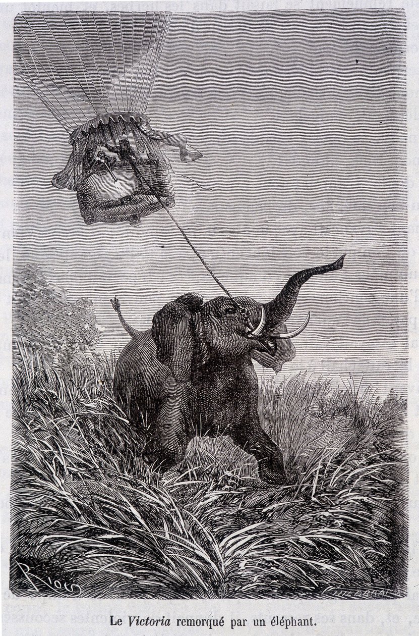 Le Victoria remorqué par un éléphant - dans « Cinq semaines en ballon », roman de Jules Verne - French School