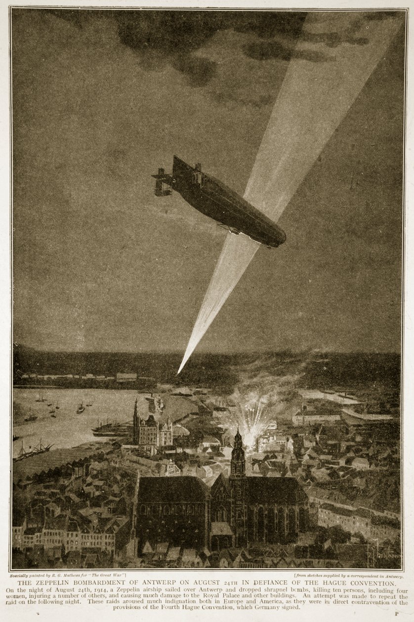 Le bombardement de Zeppelin sur Anvers le 24 août 1914 en défi de la Convention de La Haye, 1914-19 - French School
