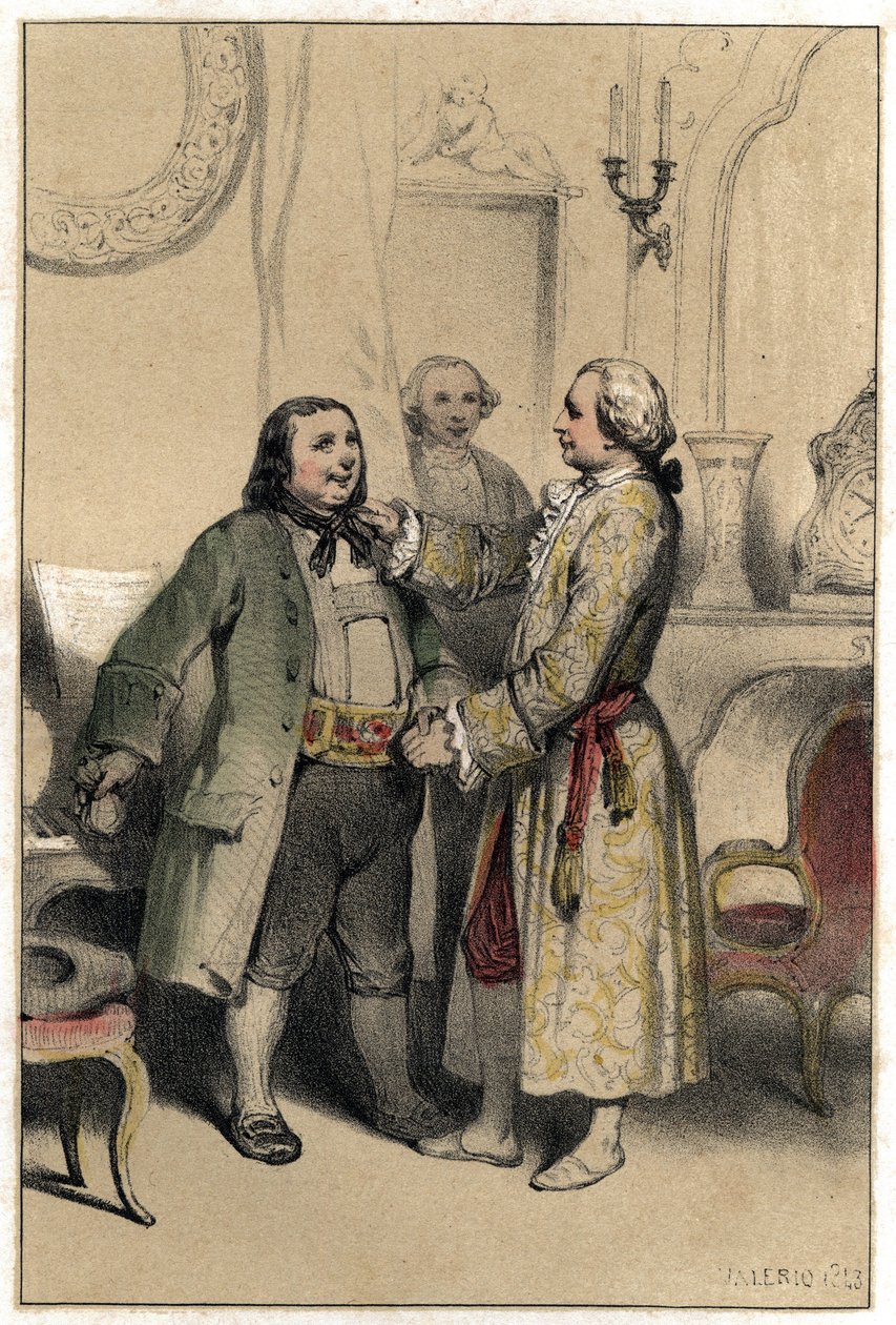 Le compositeur Joseph Haydn reçoit un homme venu lui demander de composer un menuet pour le mariage de sa fille. Planche tirée de "Scènes de la vie des hommes célèbres" gravure en deux teintes par Valerio. 1843. - French School