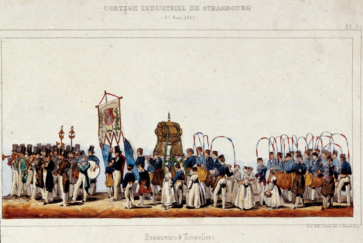 La danse des brasseurs et tonneliers lors du cortège industriel à Strasbourg le 25/06/1840. Lithographie de Simon - French School