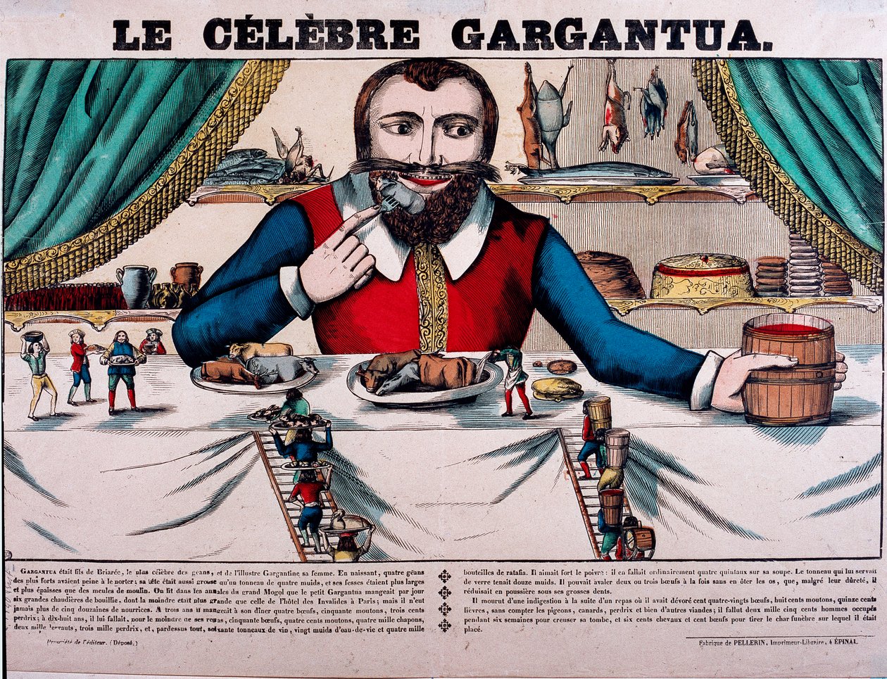 Le célèbre personnage Gargantua des romans de François Rabelais (1494-1553), écrivain français. Gargantua a un grand dais et a toutes sortes de plats. Imagerie d