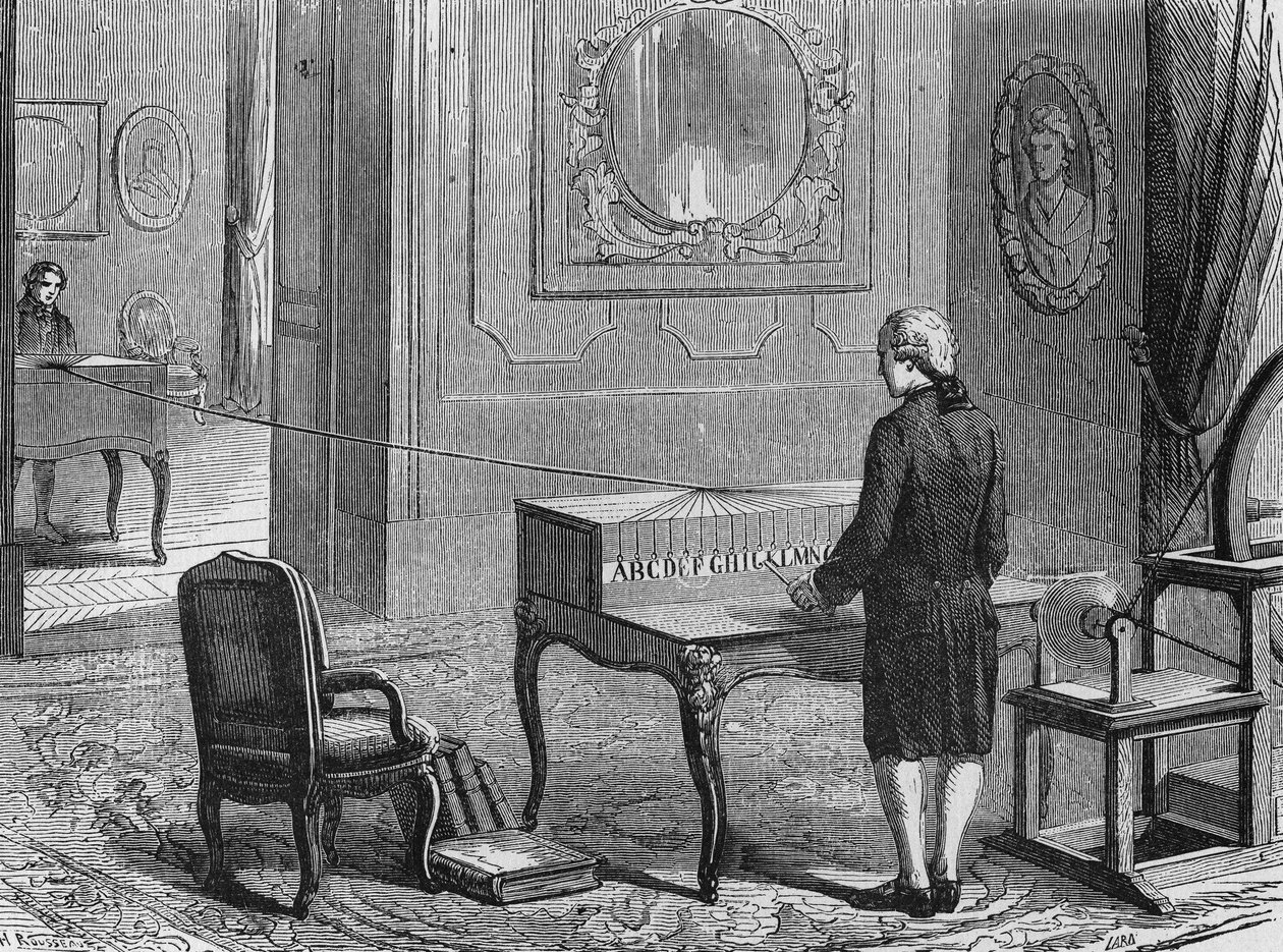 Le premier télégraphe électrique (appareil de Georges Lesage), Genève 1760. Dans « Album de la Science », Éditions Jouvet - French School